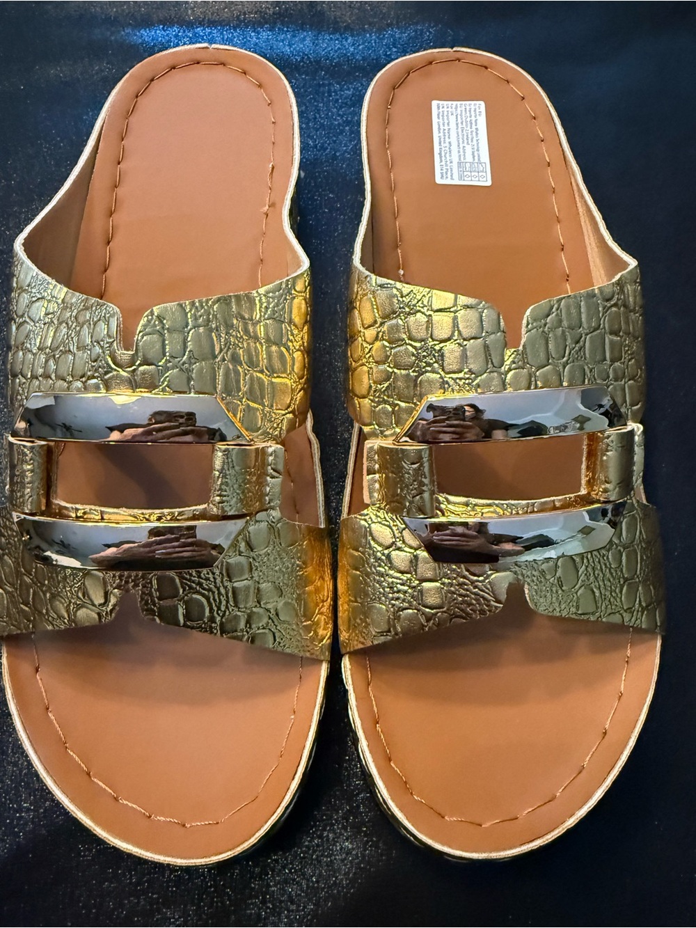 New Gold Pebble-Croc/Gold Buckle Sandals, Eur. Sz. 41, Foot Bed 10 1/2”, US 9-10